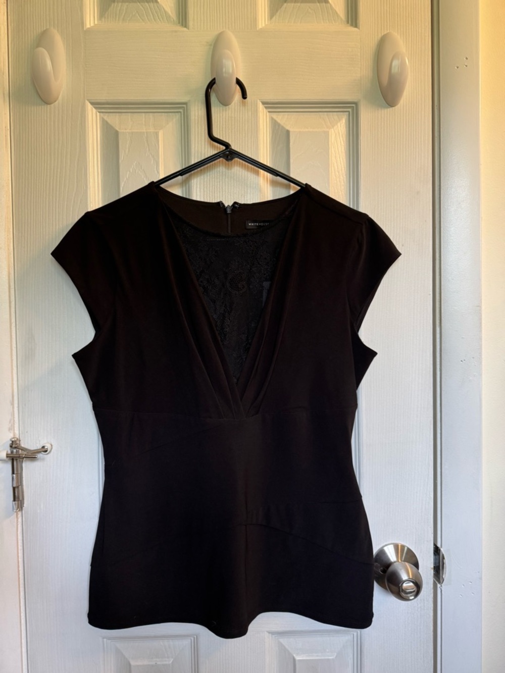 White House Black Market Women's Black V-Neck Lace Inset Top